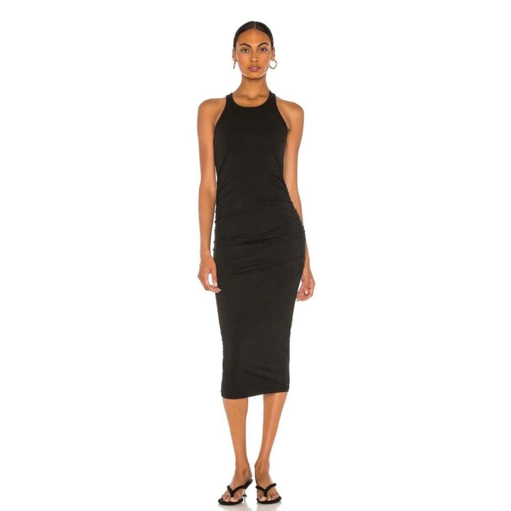 Michael Stars Black Racerback Ruched Midi Dress Size L Cotton Stretch Bodycon